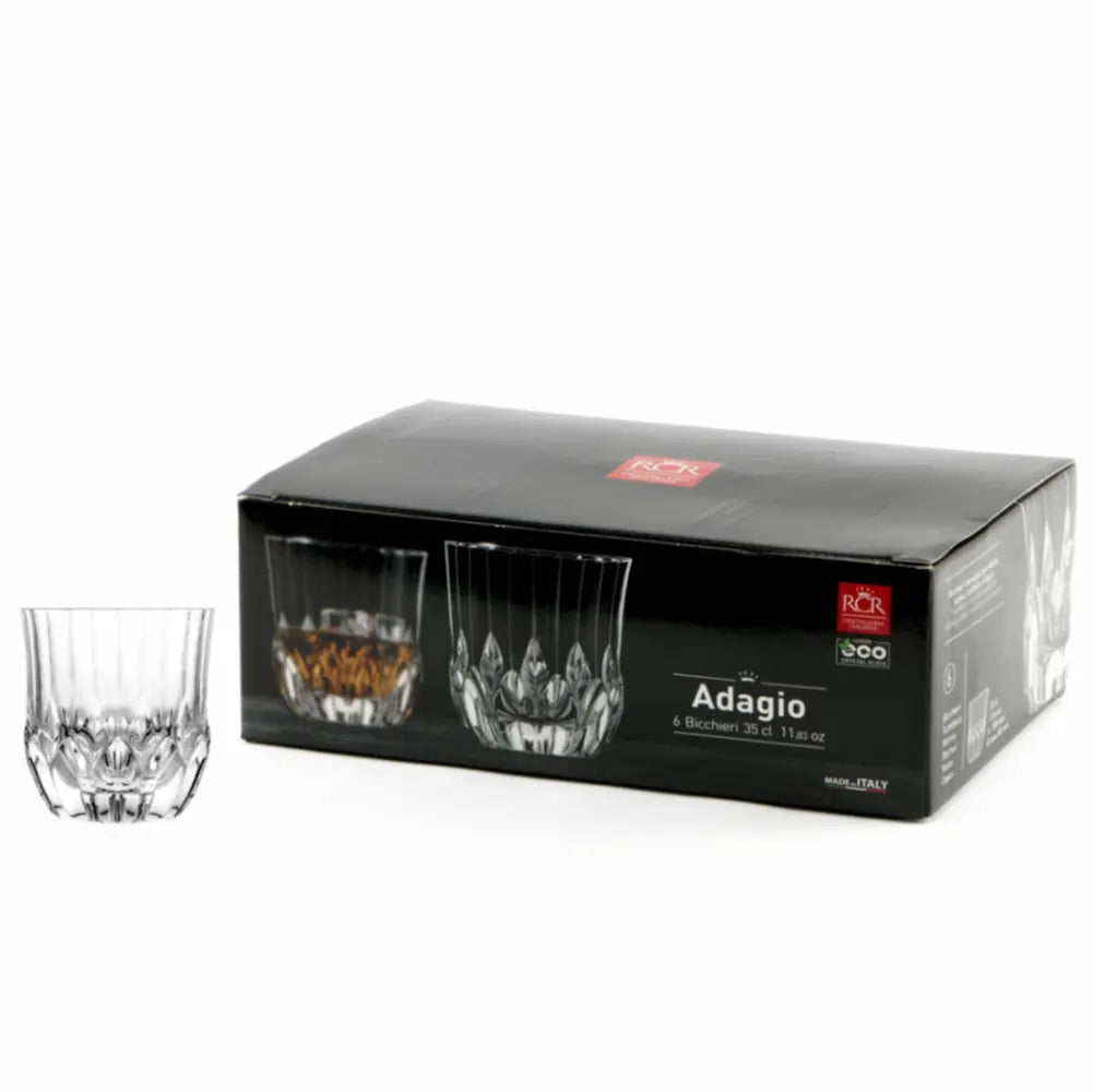 Чаши за уиски RCR ITALY ADAGIO DOF, комплекта от 6 бр., в стилна черна опаковка, перфектни за подарък.