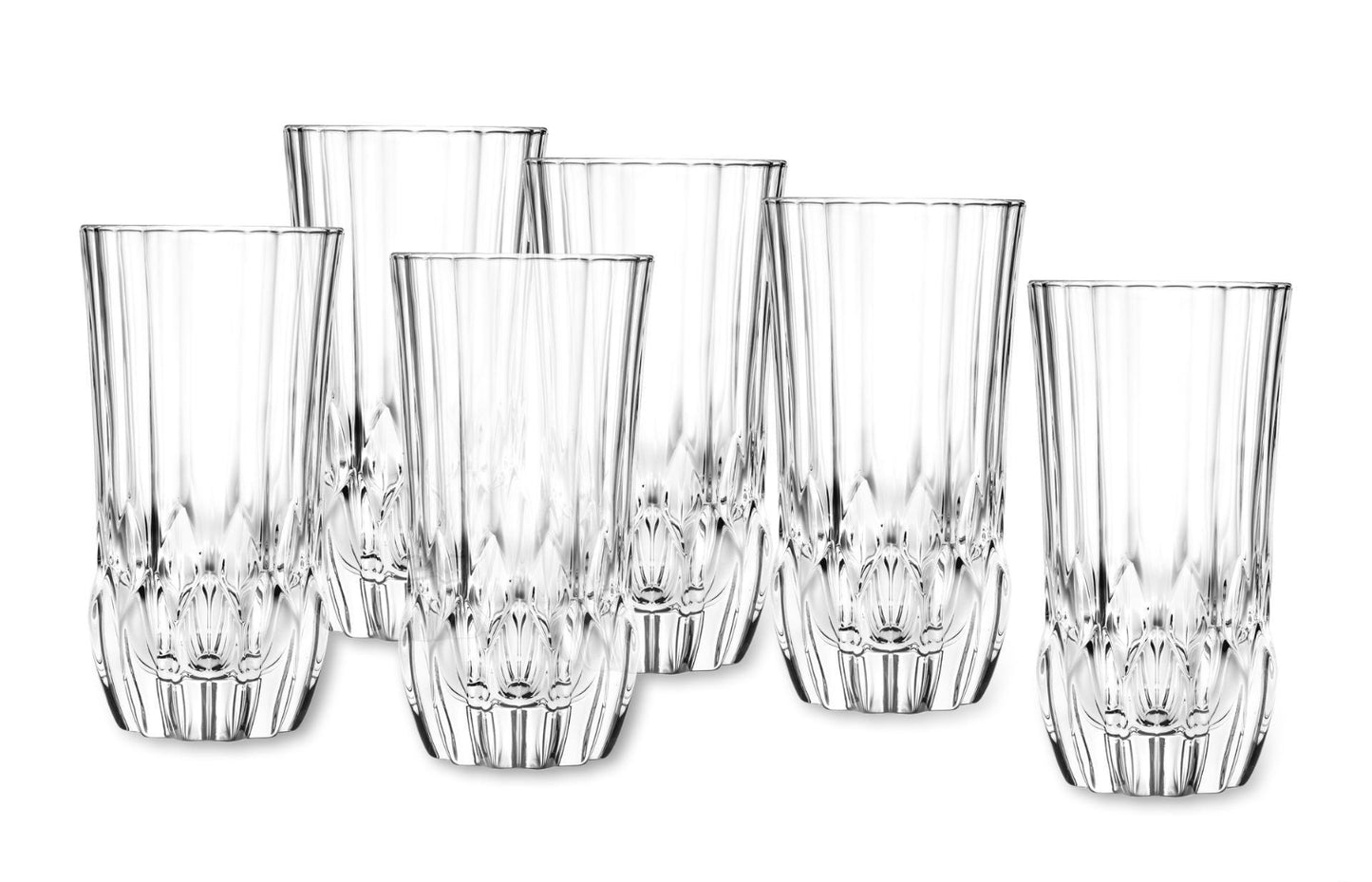 Кристални високи чаши за вода Adagio HB RCR Italy. 6 бр. на бял фон. Италианско качество, италиански дизайн, дълбоко гравирани линии в основата за повече блясък. 