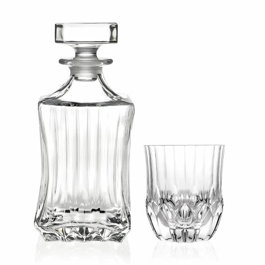 Комплект за уиски RCR Italy Adagio от 7 части, включващ 1 Декантер за уиски + 6 бр. чаши за уиски, елегантен модел с гравирани дълбоки линии в основата за повече блясък. 