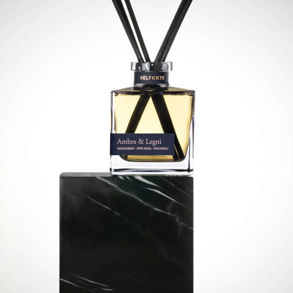 Луксозен ароматизатор за дома BELFORTE Ambra & Legni - италиански дифузер с пръчици, дълготраен парфюм за стая с нотки кехлибар и дърво
