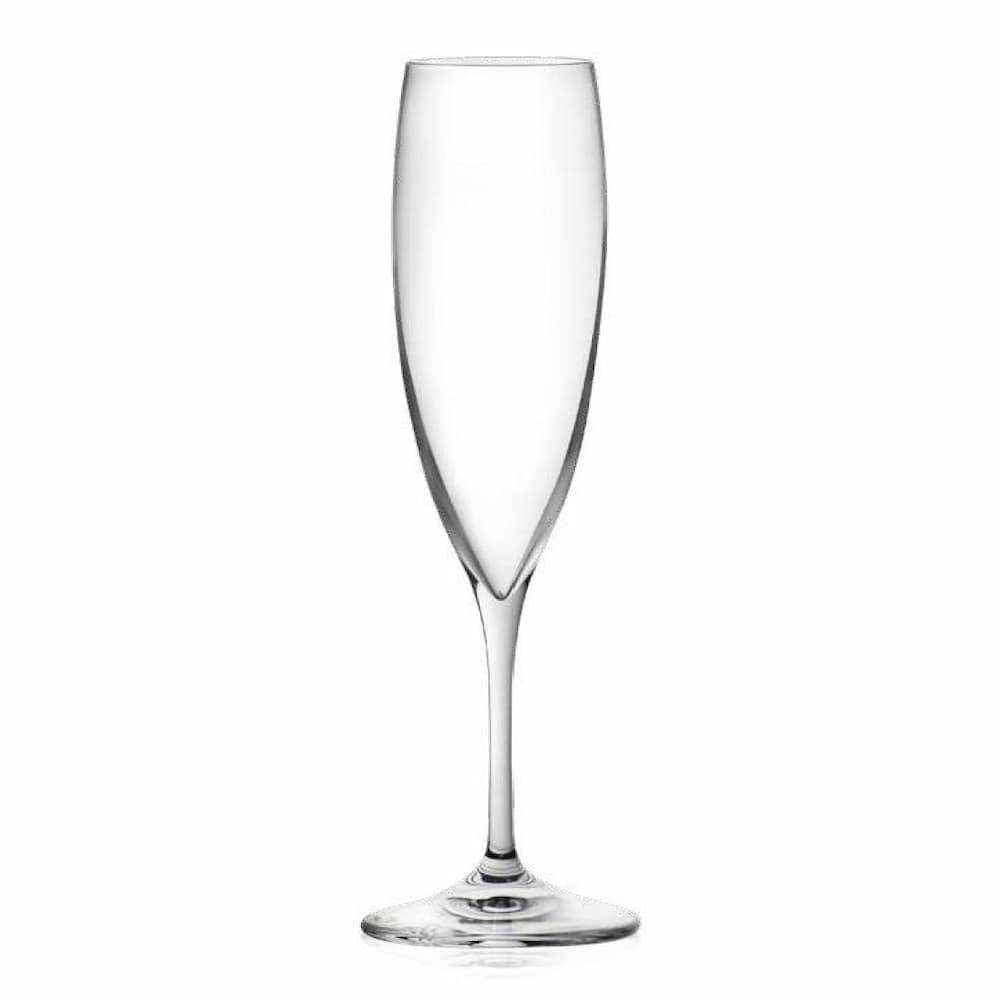Елегантна кристална чаша INVINO за шампанско и пенливи вина с висока тясна форма и дълго стъбло на бял фон