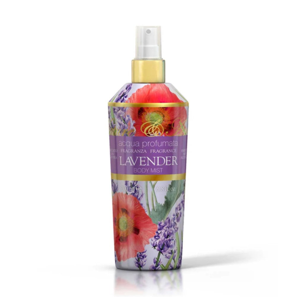 Ароматизирана вода за тяло в елегантен флакон спрей с тоналности във лилаво и червено със златисти детайли. Линия Lavender, Rudy Profumi за деликатно хидратиране и ароматизиране на кожата на тялото