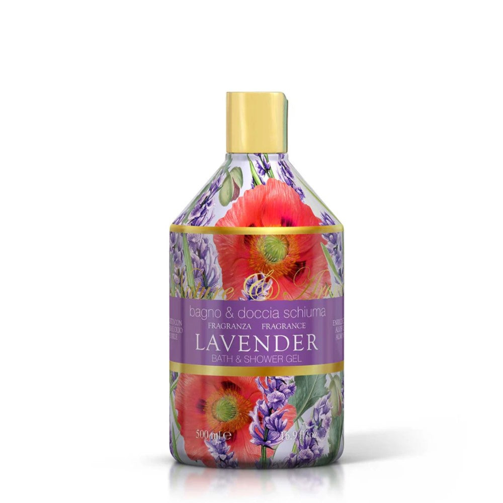 Душ гел с деликатна формула за нежно измиване, с аромат на лавандула от линията Lavender от италианския бранд Rudy Profumi в елегантен влагон с дозатор, идеален за подарък
