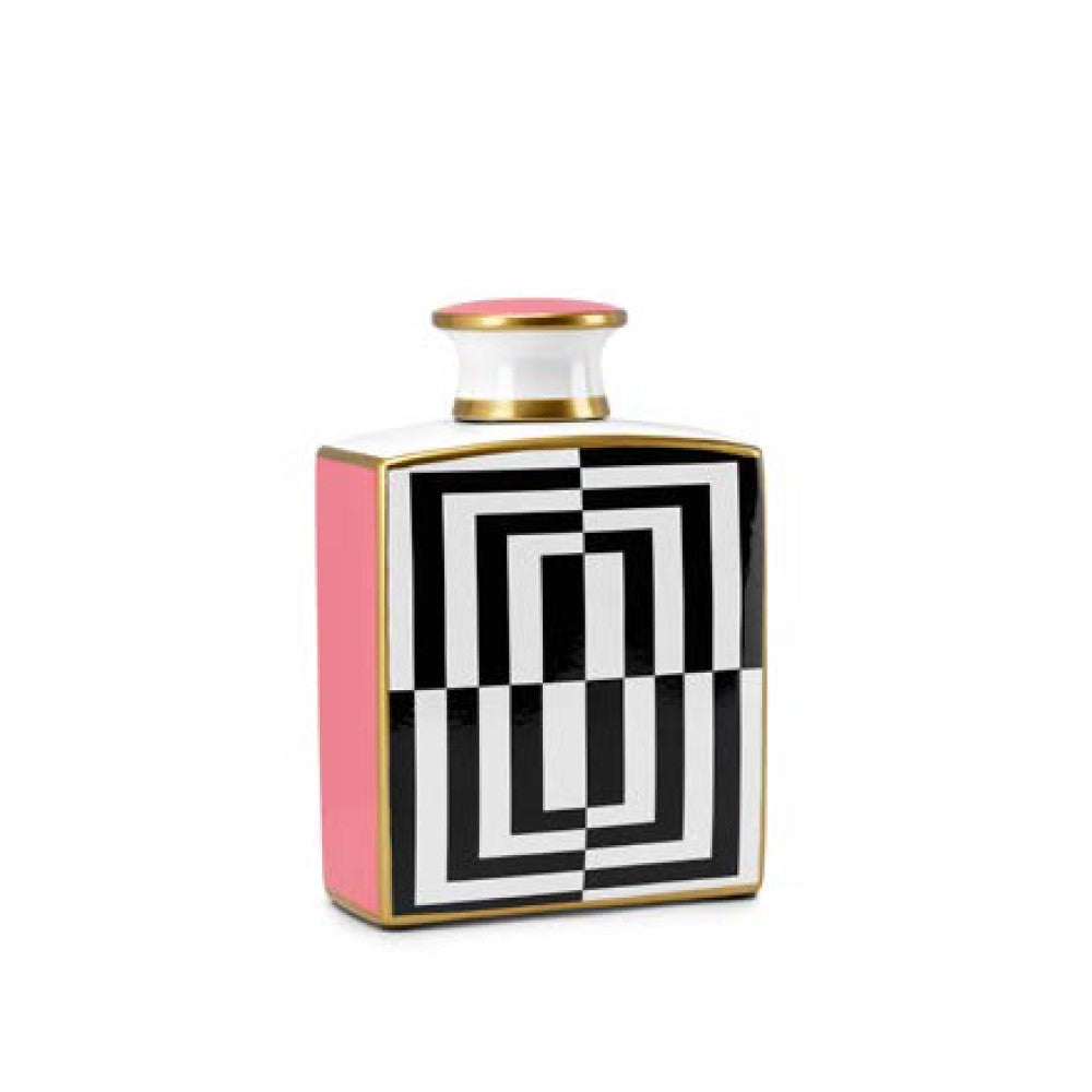 Декоративна ваза/бутилка с капаче Vogue в нежен розов цвят, правоъгълна форма, с бели и черни полукръгове шахматно разположени. Височина 27 см. 