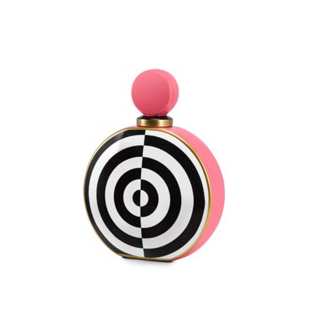 Декоративна ваза/бутилка с капаче Vogue в нежен розов цвят, кръгла форма, с бели и черни полукръгове шахматно разположени. Височина 23 см. 