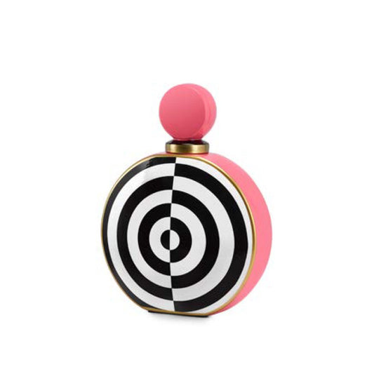 Декоративна ваза/бутилка с капаче Vogue в нежен розов цвят, кръгла форма, с бели и черни полукръгове шахматно разположени. Височина 23 см. 