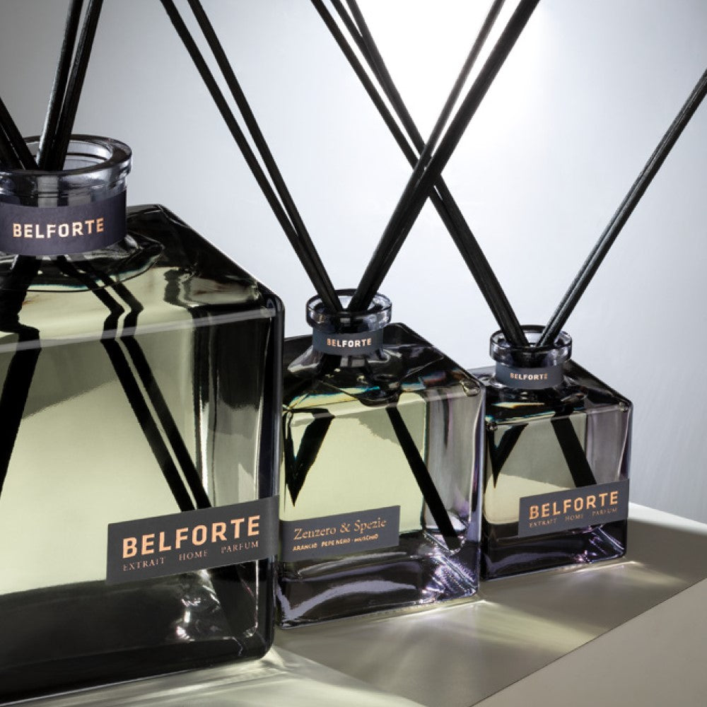 Дифузер с пръчици BELFORTE, Zenzero & Spezie, дълготраен, с висока концентрация на парфюм, с нотки на Портокал, Червен пипер, Мускус