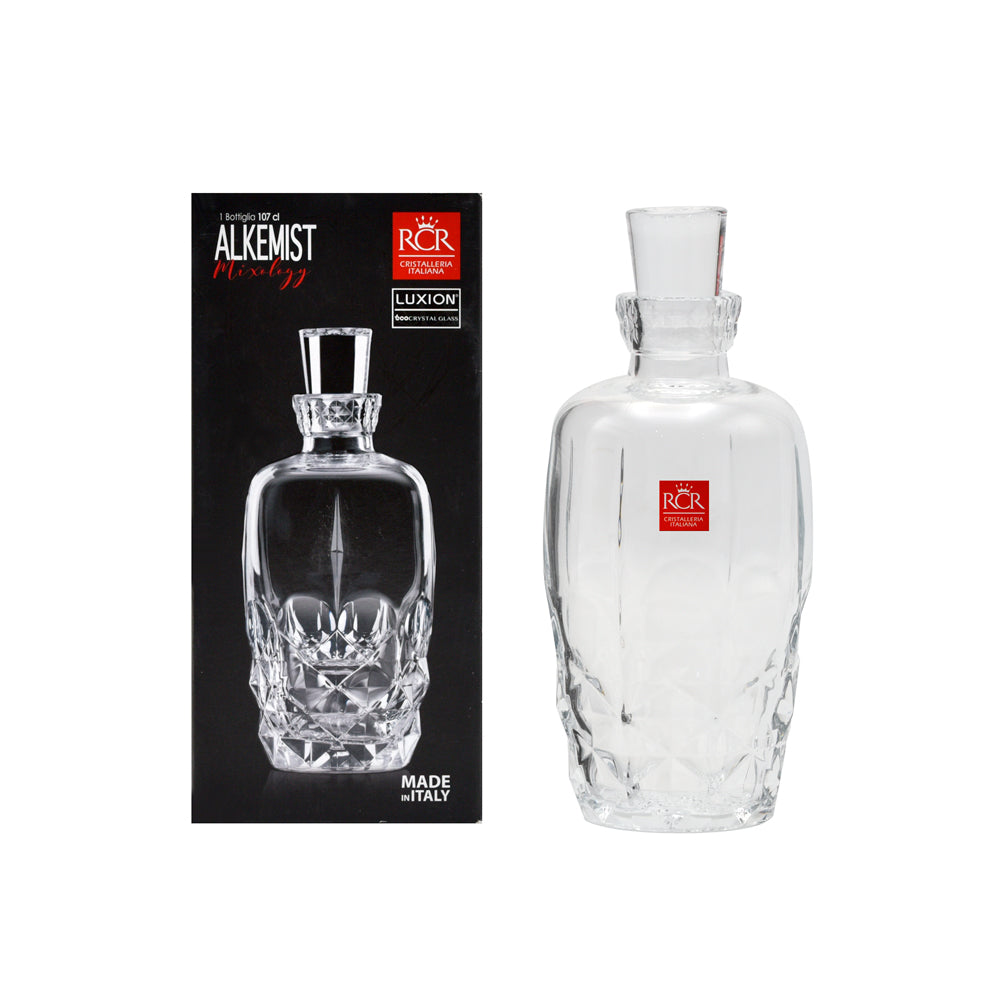 Гарафа за уиски или ликьори ALKEMIST RCR Italy от кристал Luxion, елегантна и модерна, италианско качество. С черна елегантна кутия, перфектна и за подарък.