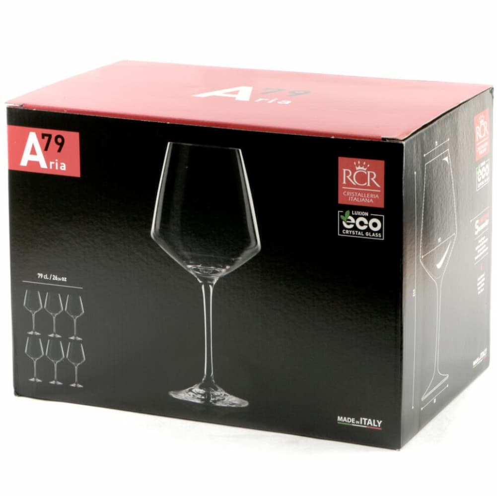 Елегантна опаковка на комплект ARIA RCR Cristalleria Italiana - 6 кристални чаши A79 от екологичен LUXION кристал