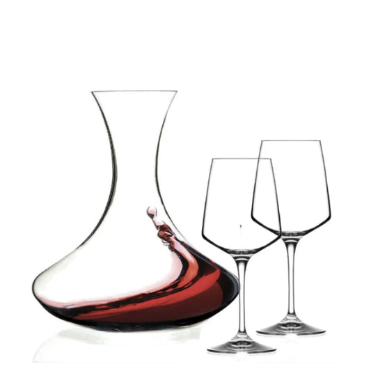 Комплект ARIA RCR Italy за дегустация на вино - елегантен декантер с червено вино и две чаши, изработени от екологичен безоловен кристал LUXION.