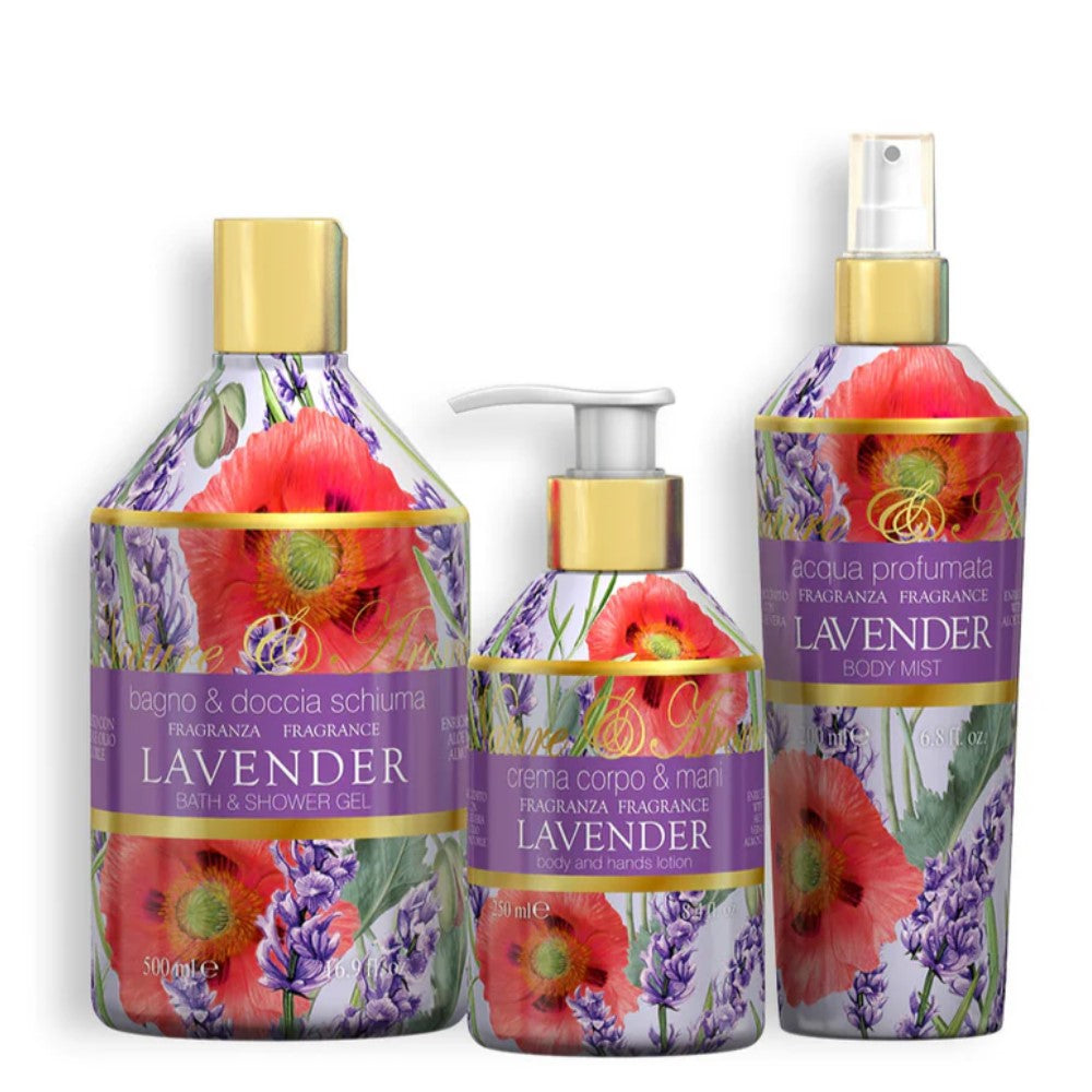За цялостна ежедневна грижа за кожата, комплект от душ гел, крем за ръце и тяло, ароматизирана вода линия Lavender с марка Rudy Profumi. Освежава, измива деликатно, хидратира, ароматизира кожата, за нормална кожа