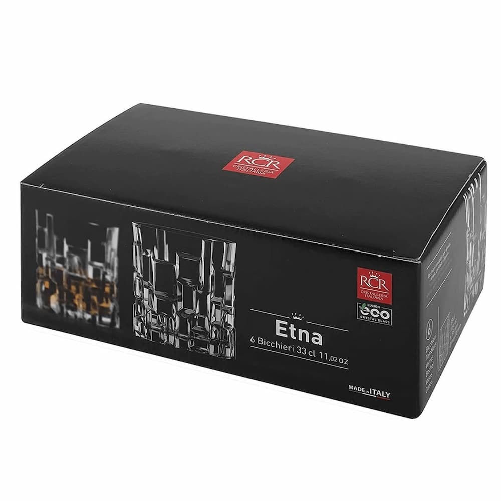 Комплект 6 бр. кристални чаши за уиски Етна в елегантна черна оригинална опаковка, подходящи за подарък за всякакви поводи. Особено подходящ подарък за мъж, любител на дестилираните напитки.