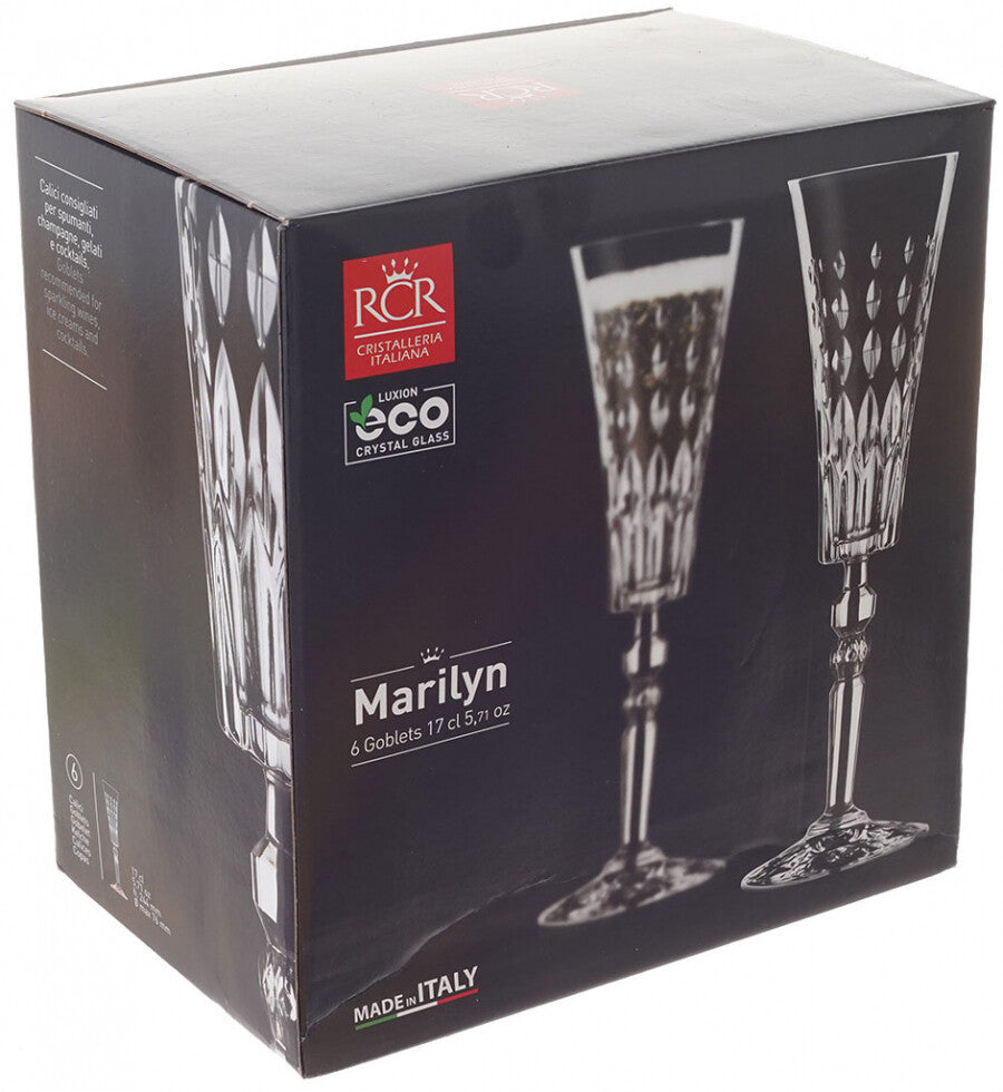 Комплект 6  кристални чаши за шампанско RCR Italy MARILYN Fl, 170 мл, LUXION®
